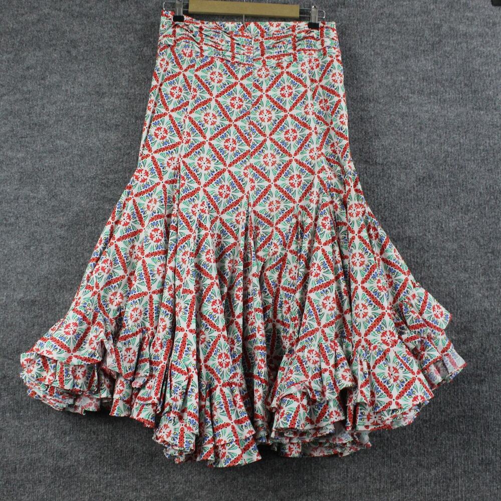Caroline Constas Floral Tile-Print Ruffled Midi Skirt in Red, Green, Blue - Picture 4 of 10